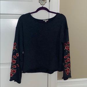 Long flared sleeve rose embroidered sweater